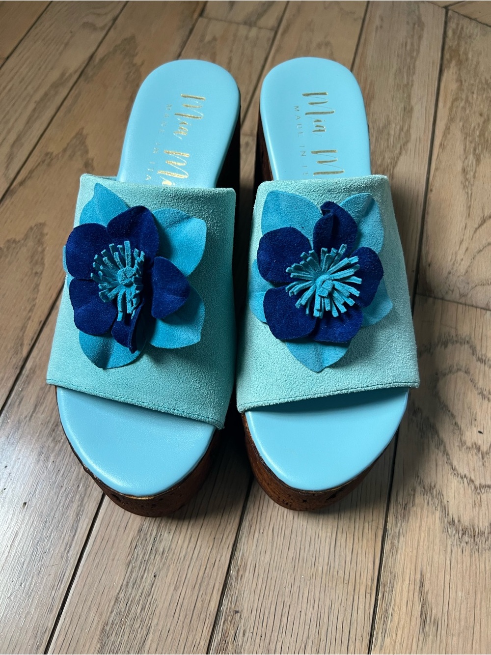 Blue Floral Slide Sandals with Wooden Platform